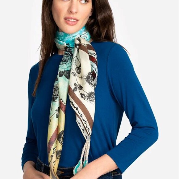Johnny Was Emillia Silk Scarf Blue Square Large Beige Scarves Floral Tassels NEW - Picture 3 of 6